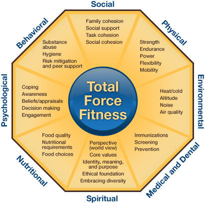 Total Force Fitness octagon symbol with 8 segments, from top, going clockwise: Social – Task cohesion, unit cohesion, social cohesion, social support, family cohesion Physical – Strength, endurance, power, flexibility, mobility Environmental – Heat, cold, altitude, noise, air quality Medical – Access, immunizations, screening, prophylaxis, dental Spiritual – World view, service values, positive beliefs, meaning and purpose, ethical leadership, embrace diversity Nutritional – Food quality, nutrient requirements, supplement use, food choices Psychological – Coping, awareness, beliefs and appraisals, decision making, engagement Behavioral – Hygiene, substance abuse, risk mitigation, finances In the center is a circle with: Total Force Fitness