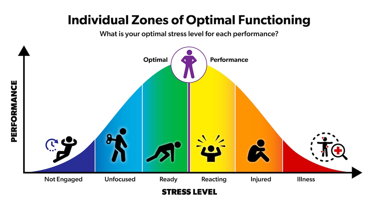 Individual Zones of Optimal Functioning  What is your optimal stress level for each performance? Bell curve that has “Performance” on the Y axis and “Stress Level” on the X axis with the following terms moving left to right: Not Engaged, Unfocused, Ready, Optimal Performance (top of bell curve), Reacting, Injured, Ill