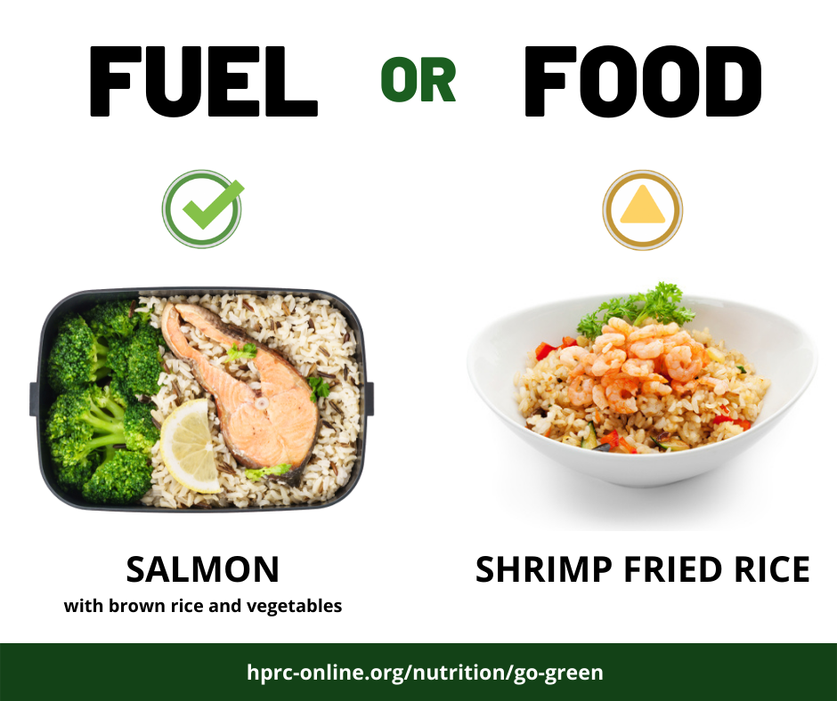 Fuel or Food. Green labelled Salmon with brown rice and vegetables vs. Yellow labelled Shrimp Fried Rice. hprc-online.org/nutrition/go-green
