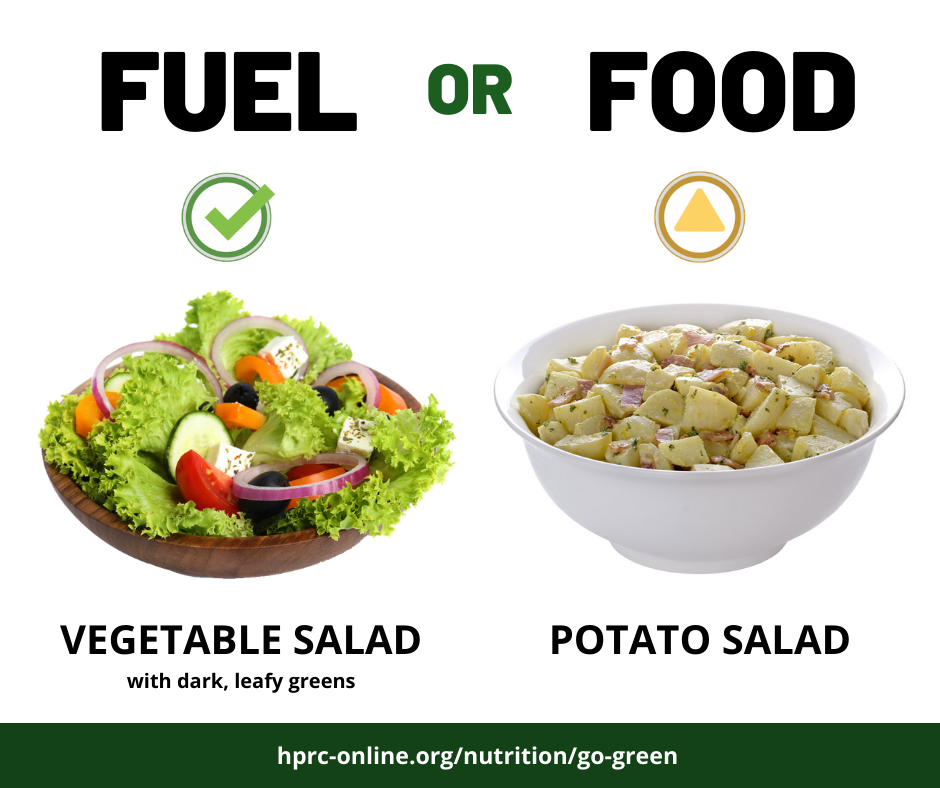 Fuel or Food. Green labelled Vegetable Salad with dark, leafy greens vs. Yellow labelled Potato Salad. hprc-online.org/nutrition/go-green