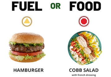 Fuel or Food  Yellow labelled Hamburger on Whole Wheat bun vs  Cobb Salad with French Dressing 