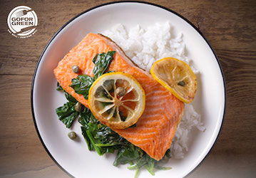 Go for Green logo  Salmon and Rice dish 