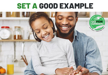 Set a good example  Father and daughter with healthy food  Go for Green logo 