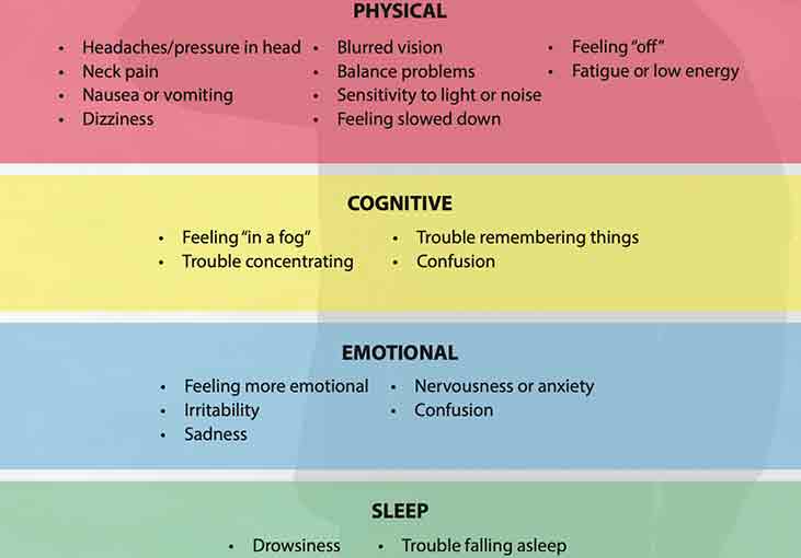 Color coded bars of symptoms in the categories physical, cognitive, emotional, and sleep. 